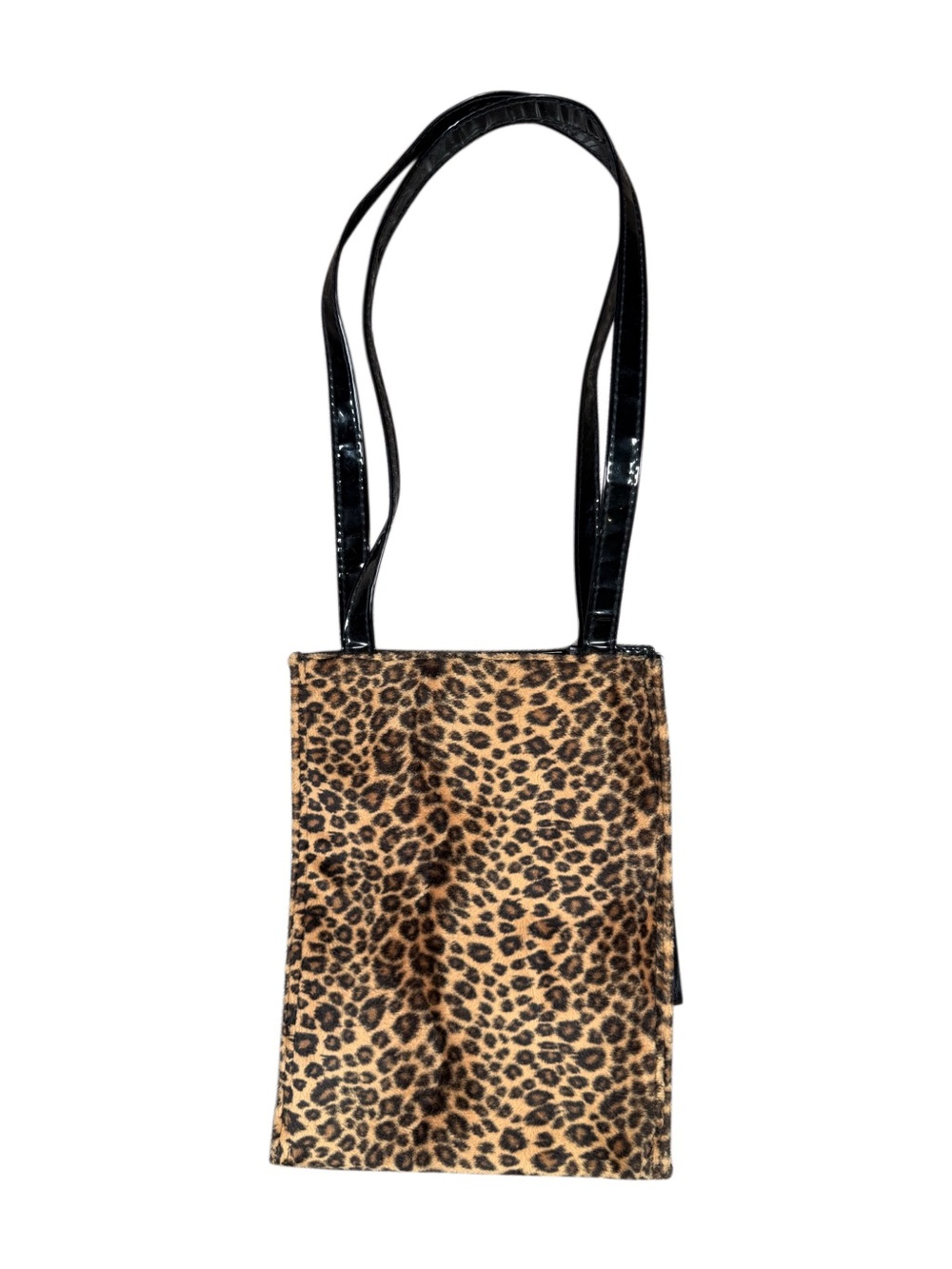 Vintage Fuzzy Leopard Print Crossbody Tote with Black Patent Straps